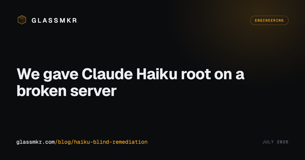 Glassmkr blog card on a dark background: the Glassmkr hexagon logo and wordmark, an Engineering tag, and the title We gave Claude Haiku root on a broken server.