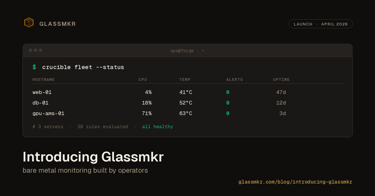 Glassmkr: bare metal monitoring built by operators. Terminal preview: crucible fleet --status showing 3 servers, 38 rules evaluated, all healthy.