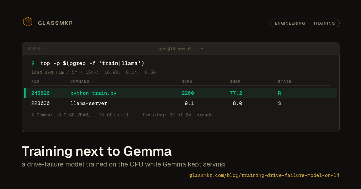 Training next to Gemma: top output showing python train.py at 2200% CPU alongside llama-server at 9% CPU on l4-ams-01