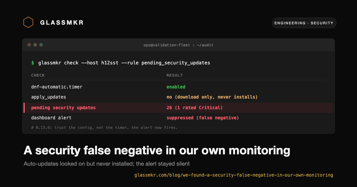 A monitoring dashboard showing a RHEL host marked healthy while security patches sit pending and unapplied behind a download-only dnf-automatic timer.