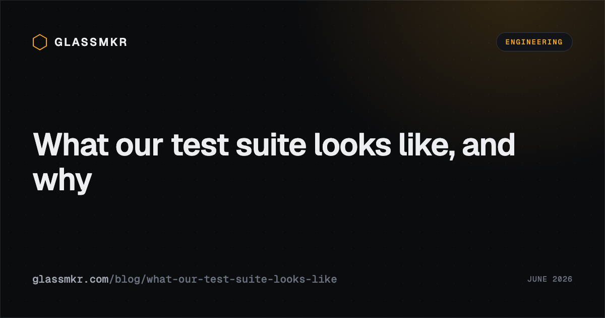 A vitest run showing four passing tests tagged by cluster (security, evaluator, tenancy, parser), the agent and dashboard test counts, and a marketing-site line reading zero tests on purpose.