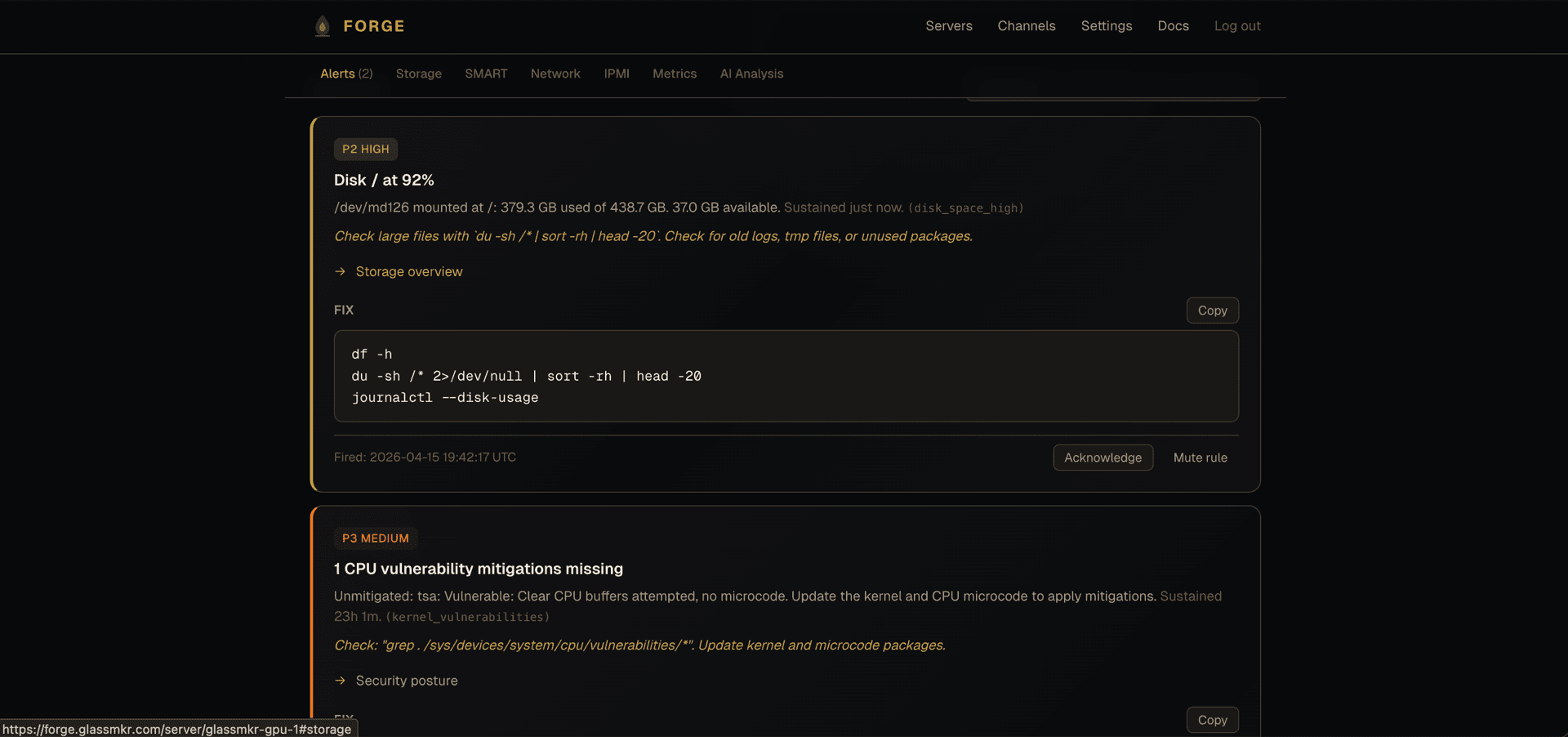 Forge alerts with fix commands