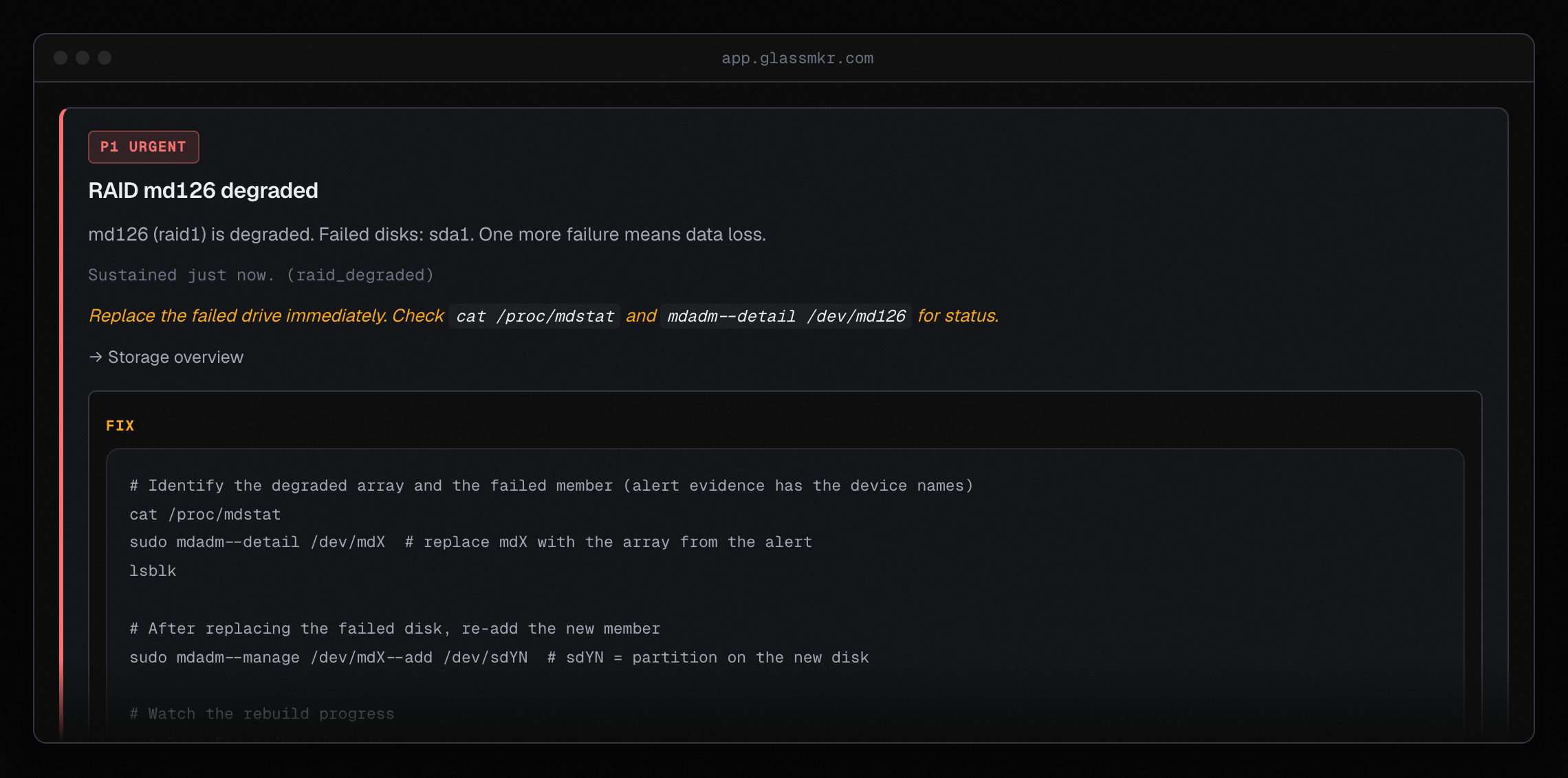 Dashboard alert with copy-pasteable fix commands