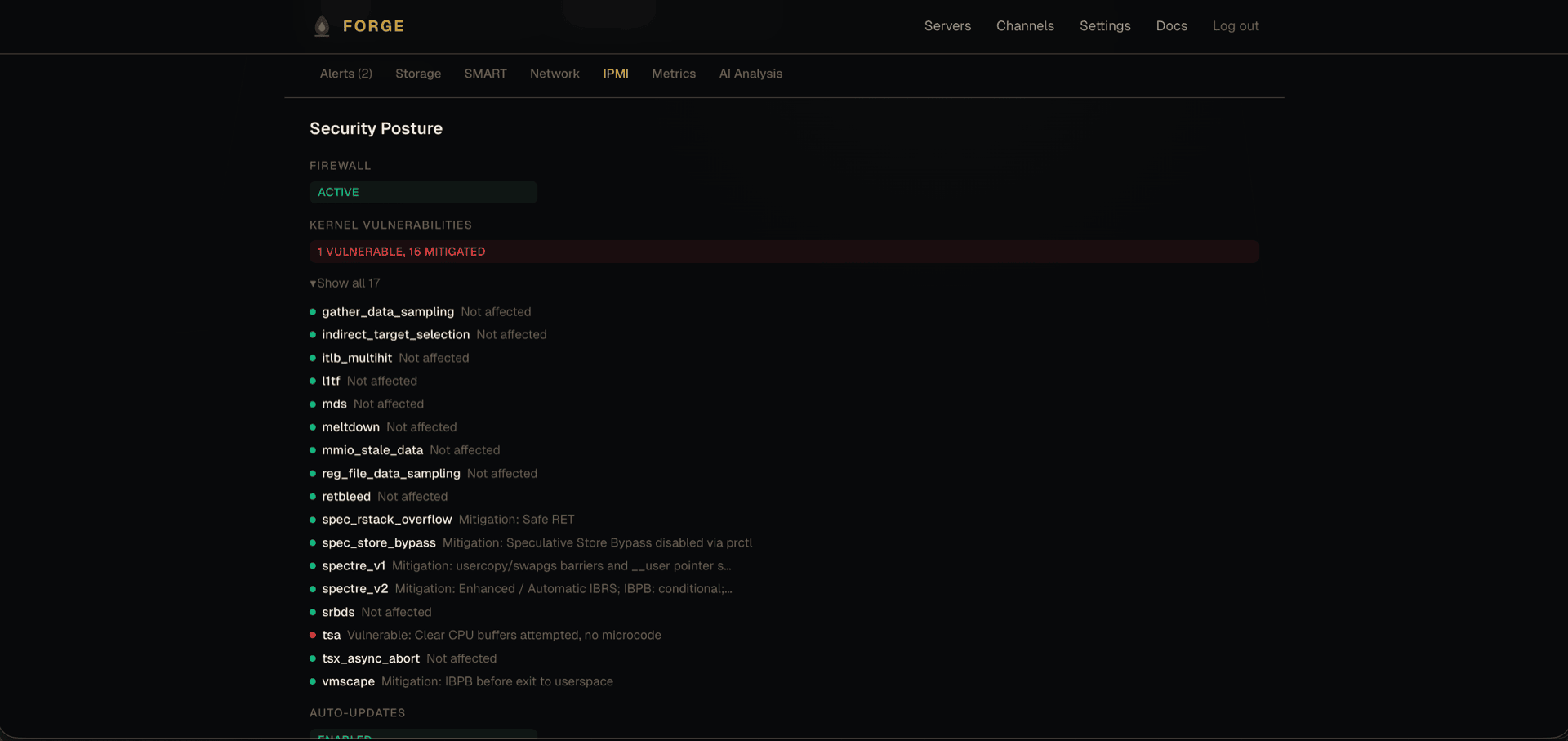 Server overview with active alerts